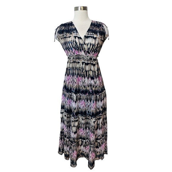 Hale Bob Multicolor Patterned Chiffon Metallic Embroidered Midi Dress XS - Picture 1 of 12